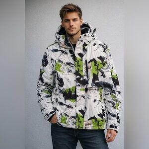 Men's White Ski Jacket with Green Graphic Print